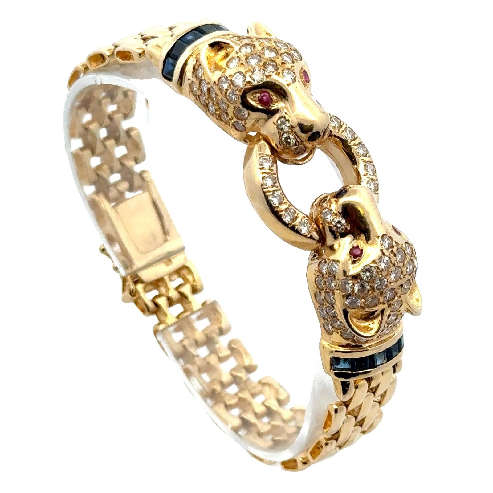 Diamond 14 Karat Yellow Gold Panther Bracelet Accent Rubies & Sapphires