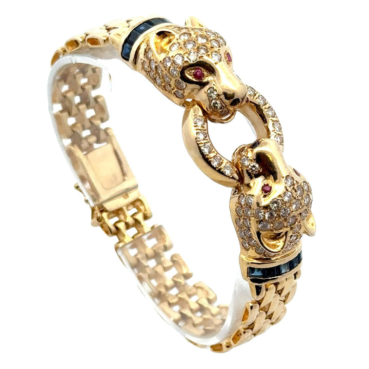 Diamond 14 Karat Yellow Gold Panther Bracelet Accent Rubies & Sapphires