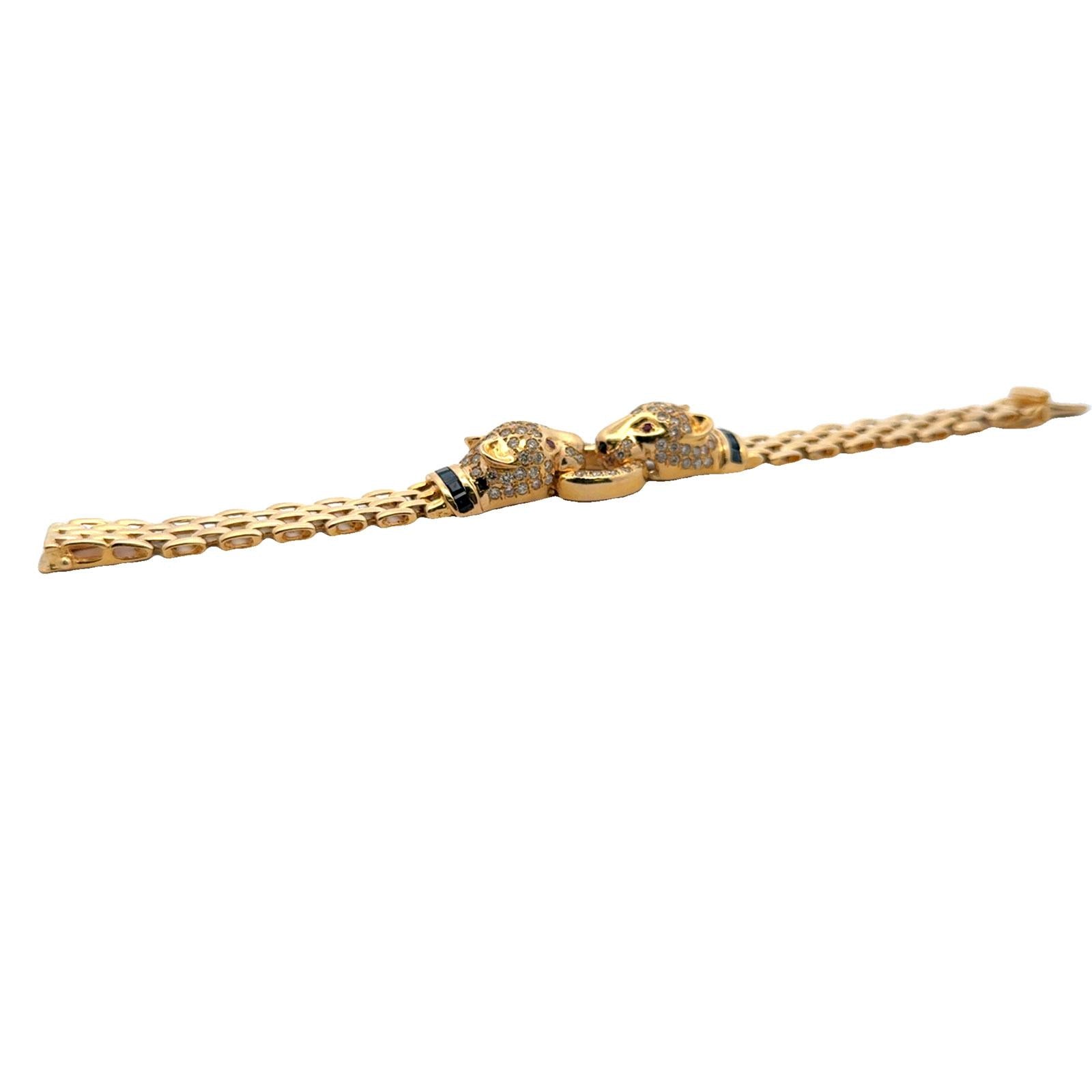 Diamond 14 Karat Yellow Gold Panther Bracelet Accent Rubies & Sapphires