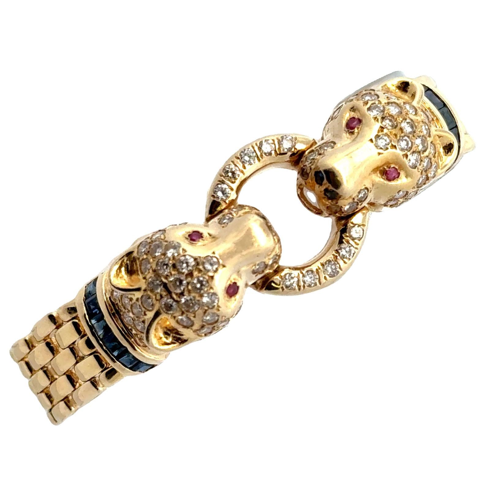 Diamond 14 Karat Yellow Gold Panther Bracelet Accent Rubies & Sapphires
