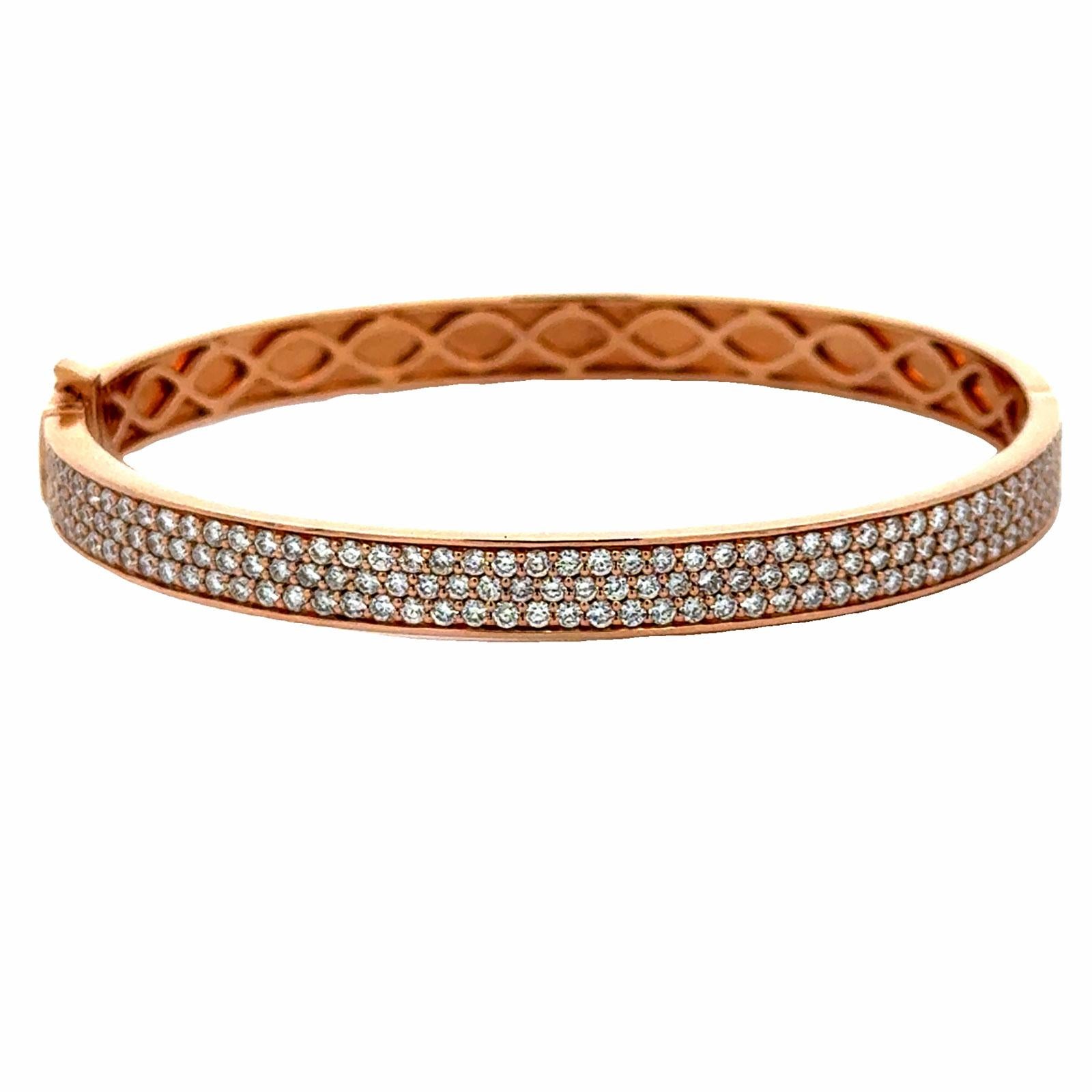 Diamond 18 Karat Rose Gold Three Row Bangle Bracelet New Modern