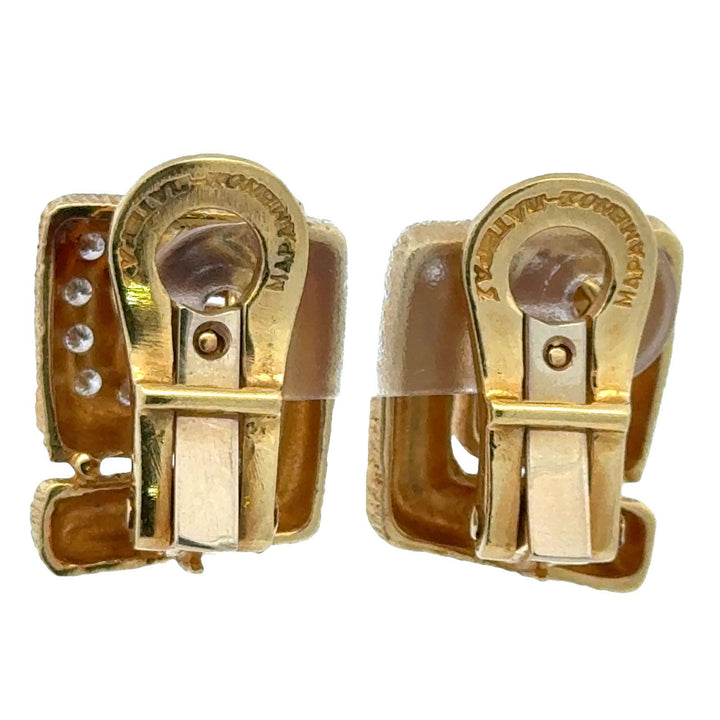 Mapamenos-Natepas 18K Yellow Textured Gold Diamond Greek Key Ear Clip Earrings