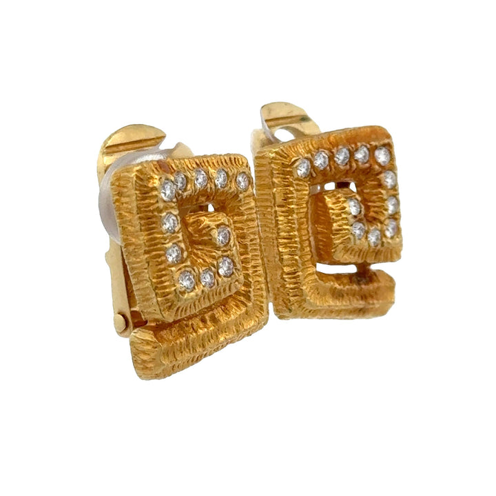 Mapamenos-Natepas 18K Yellow Textured Gold Diamond Greek Key Ear Clip Earrings