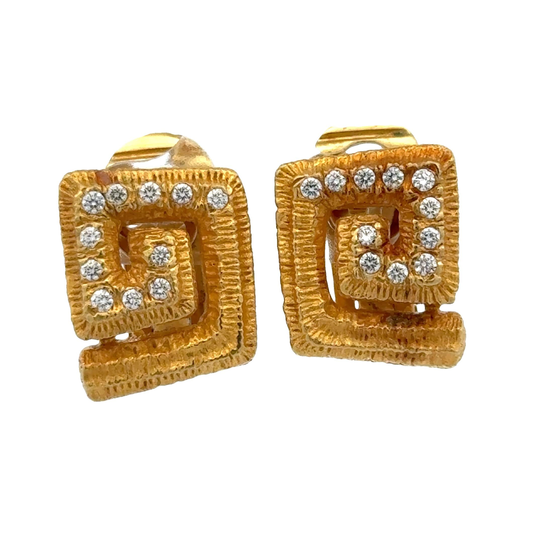 Mapamenos-Natepas 18K Yellow Textured Gold Diamond Greek Key Ear Clip Earrings