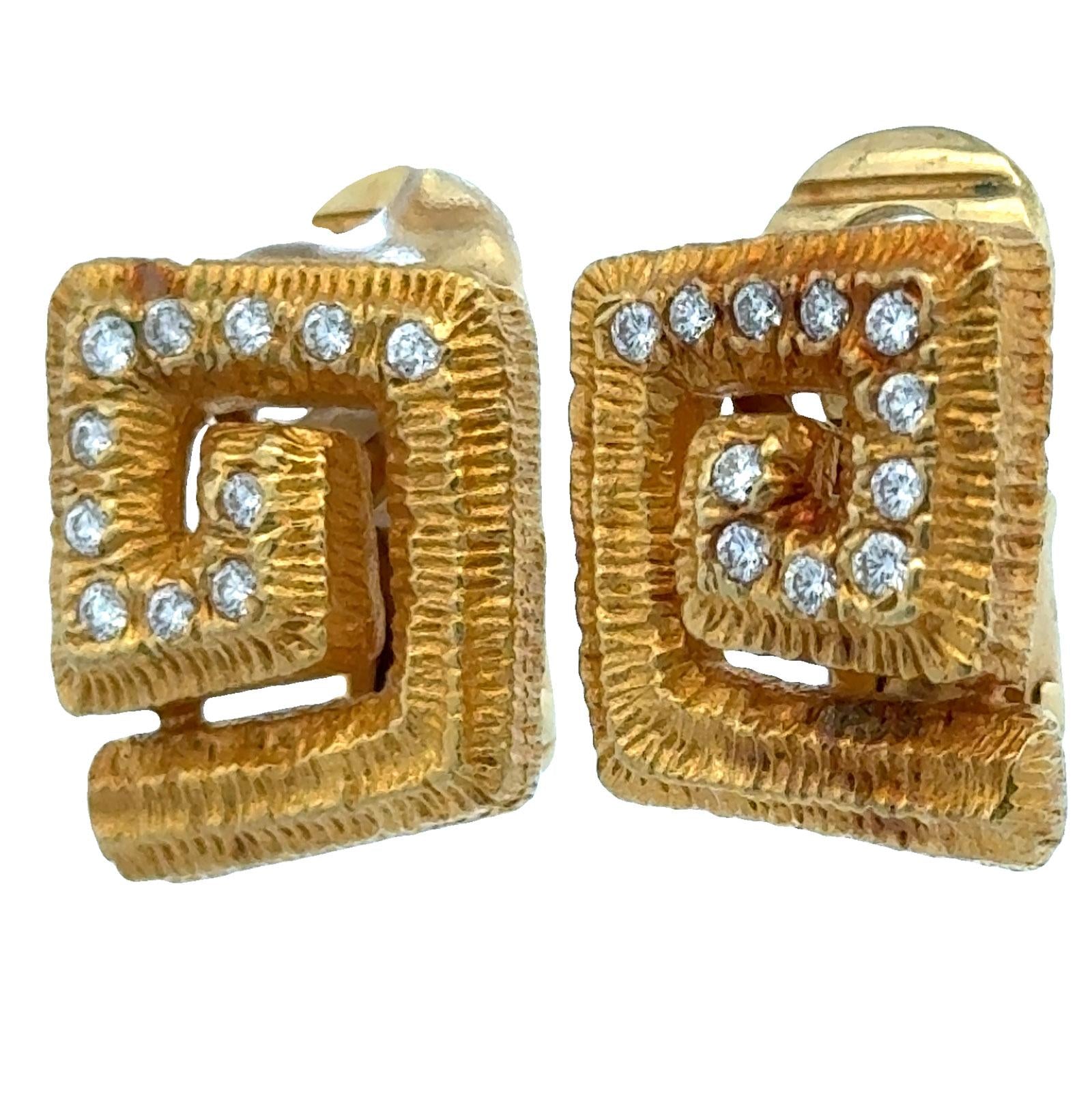 Mapamenos-Natepas 18K Yellow Textured Gold Diamond Greek Key Ear Clip Earrings