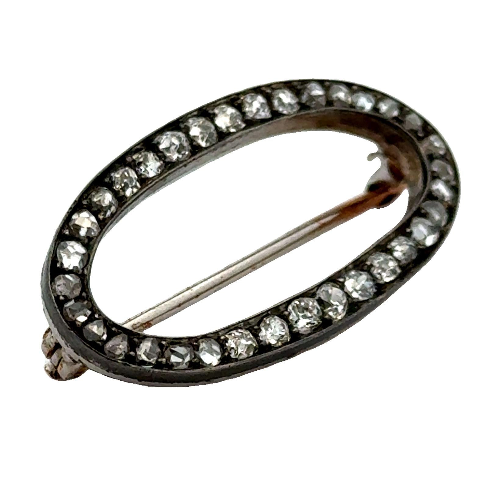 Victorian Old Mine Cut Diamond 14KYG Sterling Silver Oval Antique Brooch Pin