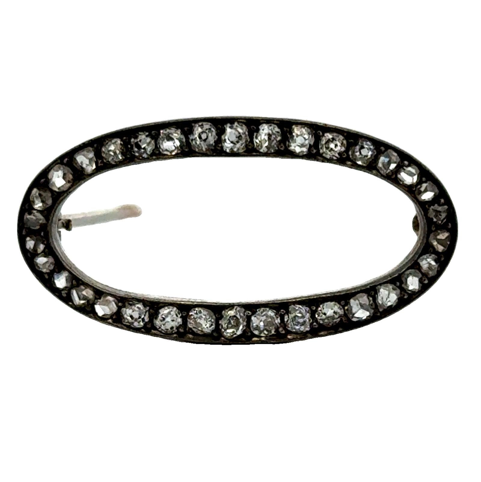 Victorian Old Mine Cut Diamond 14KYG Sterling Silver Oval Antique Brooch Pin