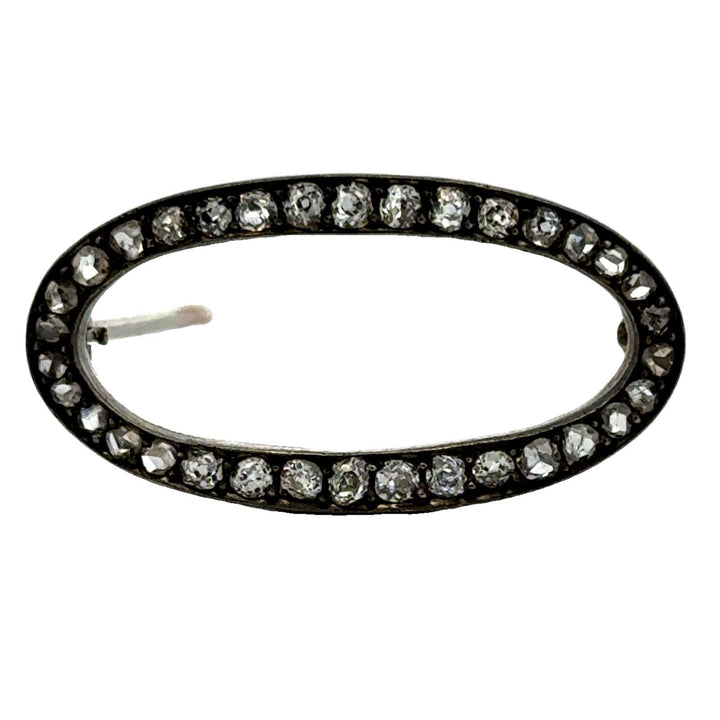 Victorian Old Mine Cut Diamond 14KYG Sterling Silver Oval Antique Brooch Pin