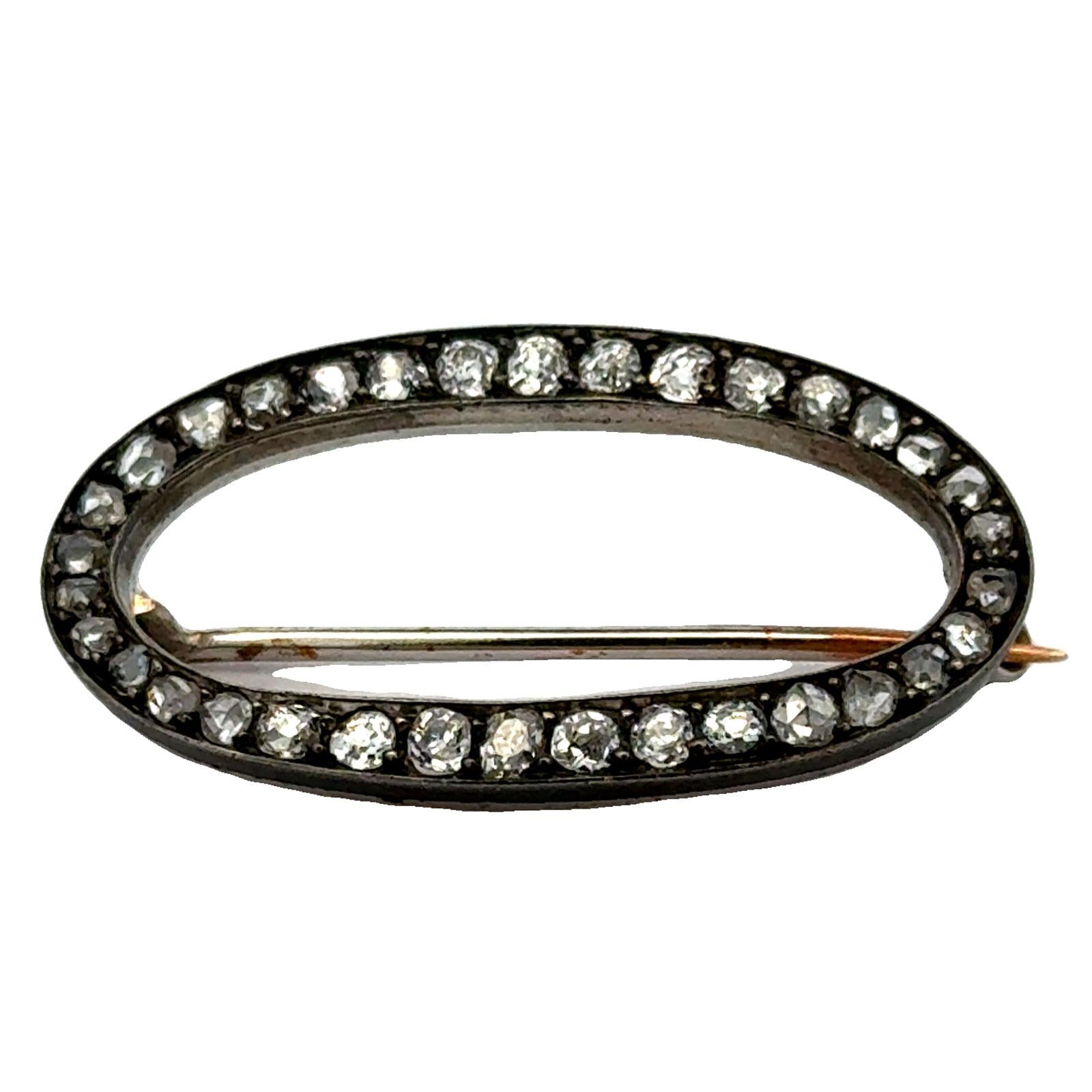Victorian Old Mine Cut Diamond 14KYG Sterling Silver Oval Antique Brooch Pin