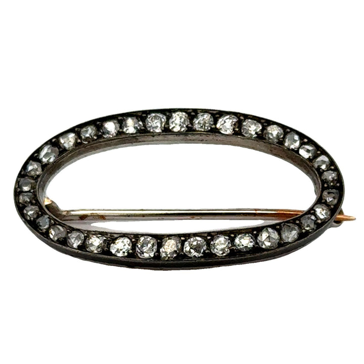 Victorian Old Mine Cut Diamond 14KYG Sterling Silver Oval Antique Brooch Pin