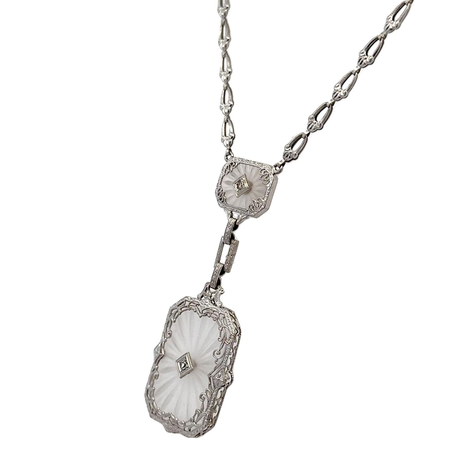 Late Art Deco Carved Rock Crystal & Diamond Pendant 14KWG Link Necklace