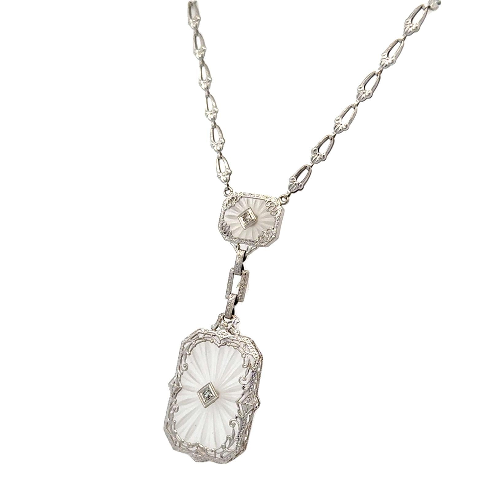 Late Art Deco Carved Rock Crystal & Diamond Pendant 14KWG Link Necklace