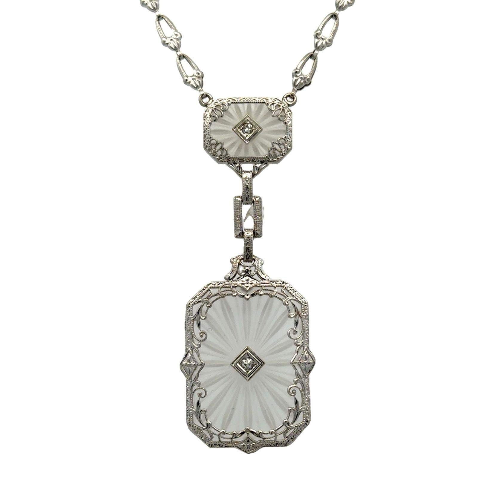 Late Art Deco Carved Rock Crystal & Diamond Pendant 14KWG Link Necklace