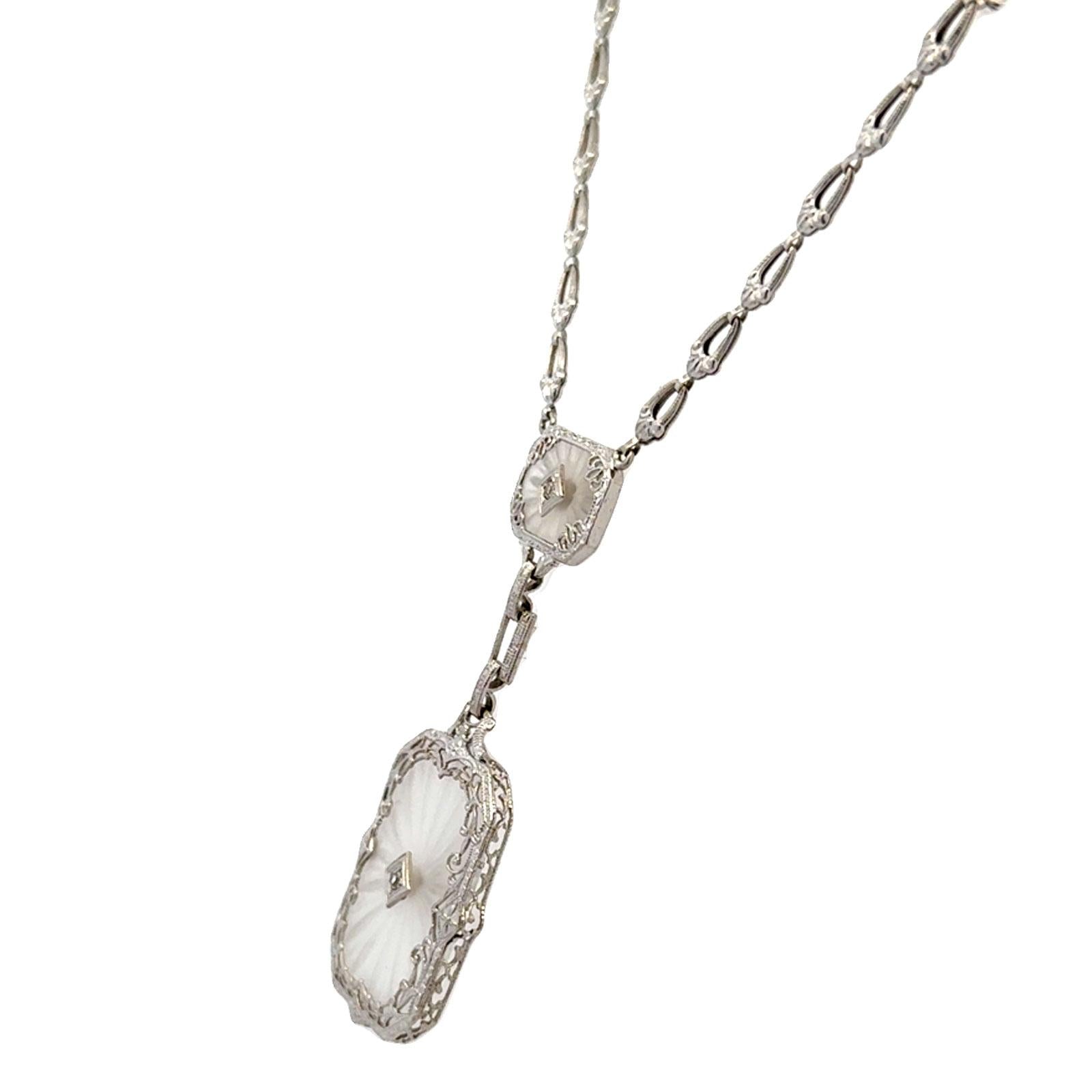 Late Art Deco Carved Rock Crystal & Diamond Pendant 14KWG Link Necklace