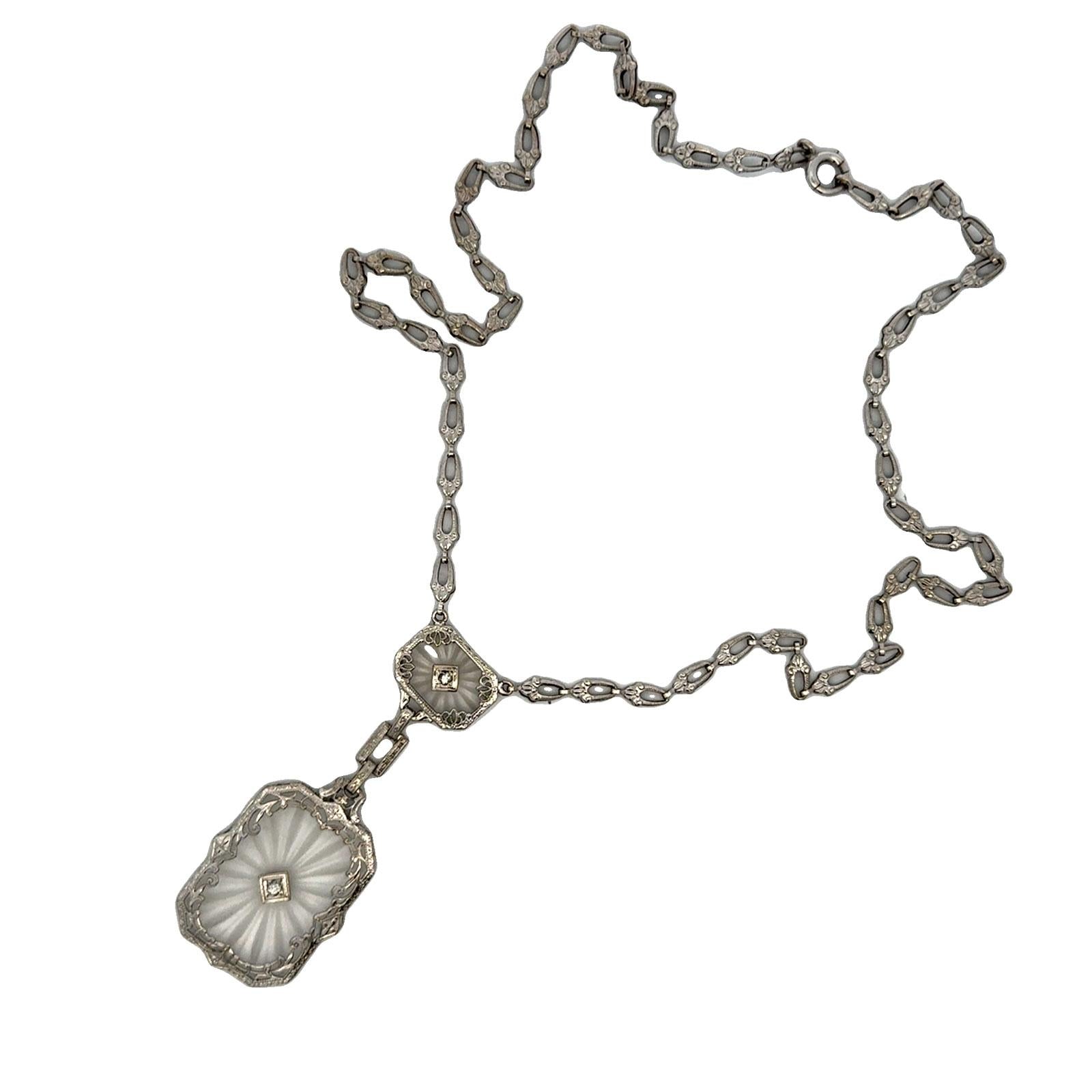 Late Art Deco Carved Rock Crystal & Diamond Pendant 14KWG Link Necklace