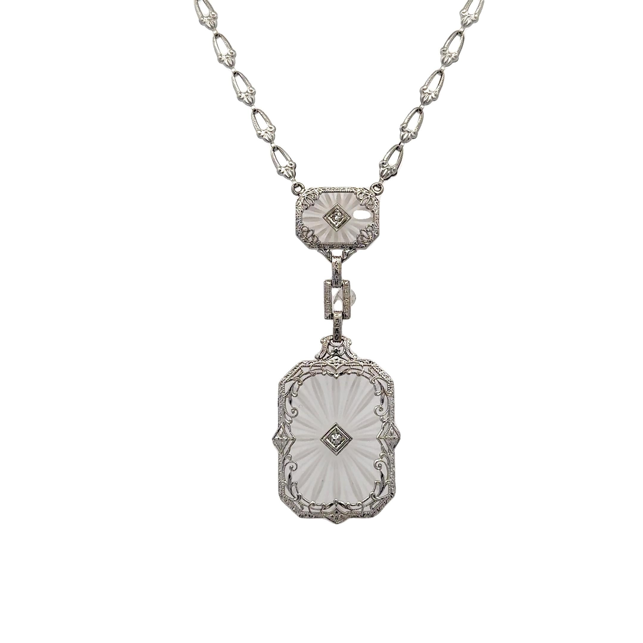 Late Art Deco Carved Rock Crystal & Diamond Pendant 14KWG Link Necklace
