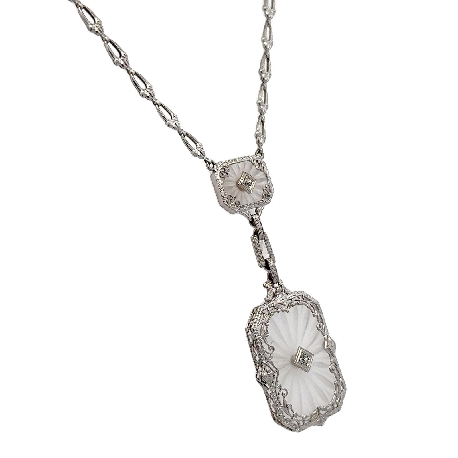 Late Art Deco Carved Rock Crystal & Diamond Pendant 14KWG Link Necklace