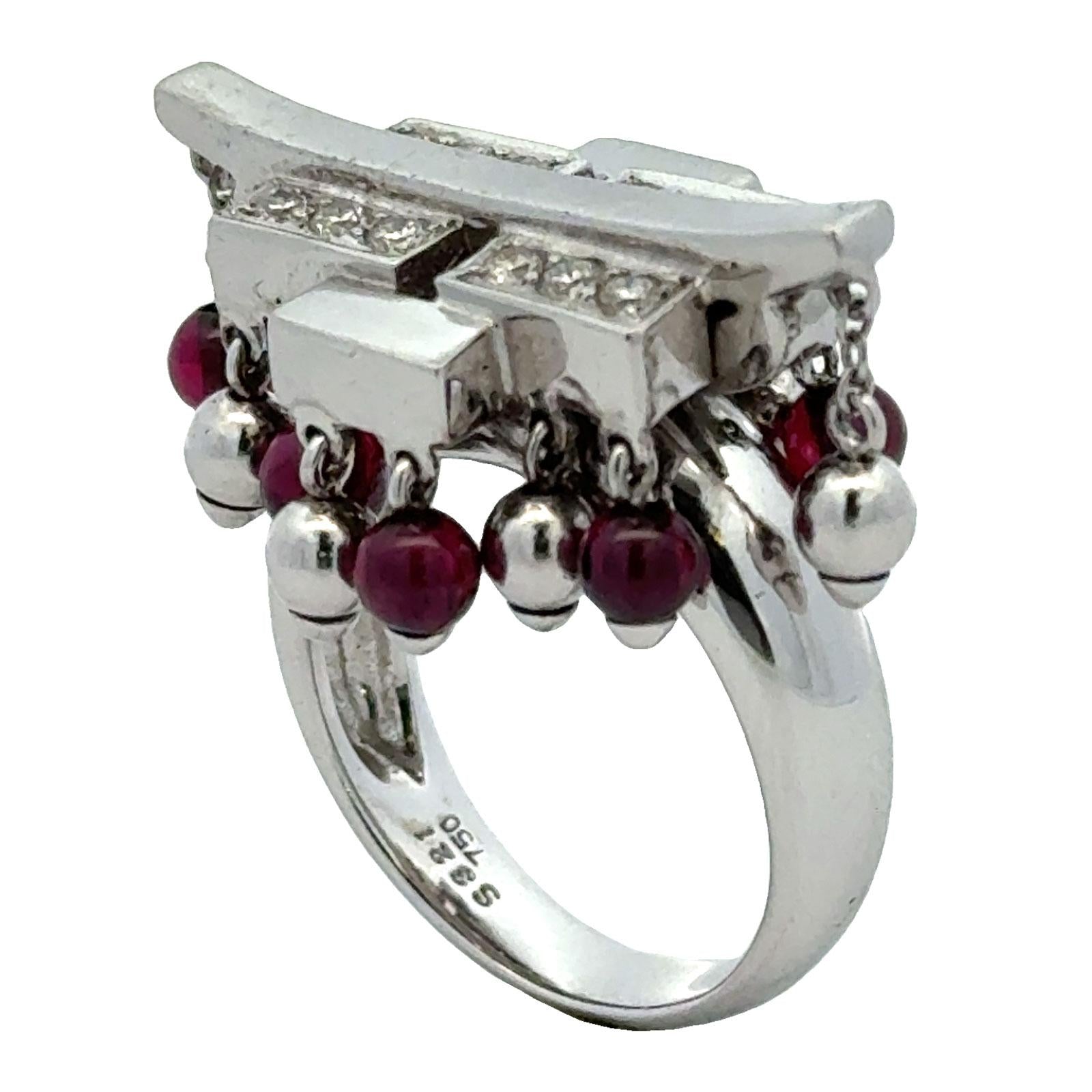 Diamond Ruby 18 Karat White Gold Contemporary Cocktail Vintage Ring
