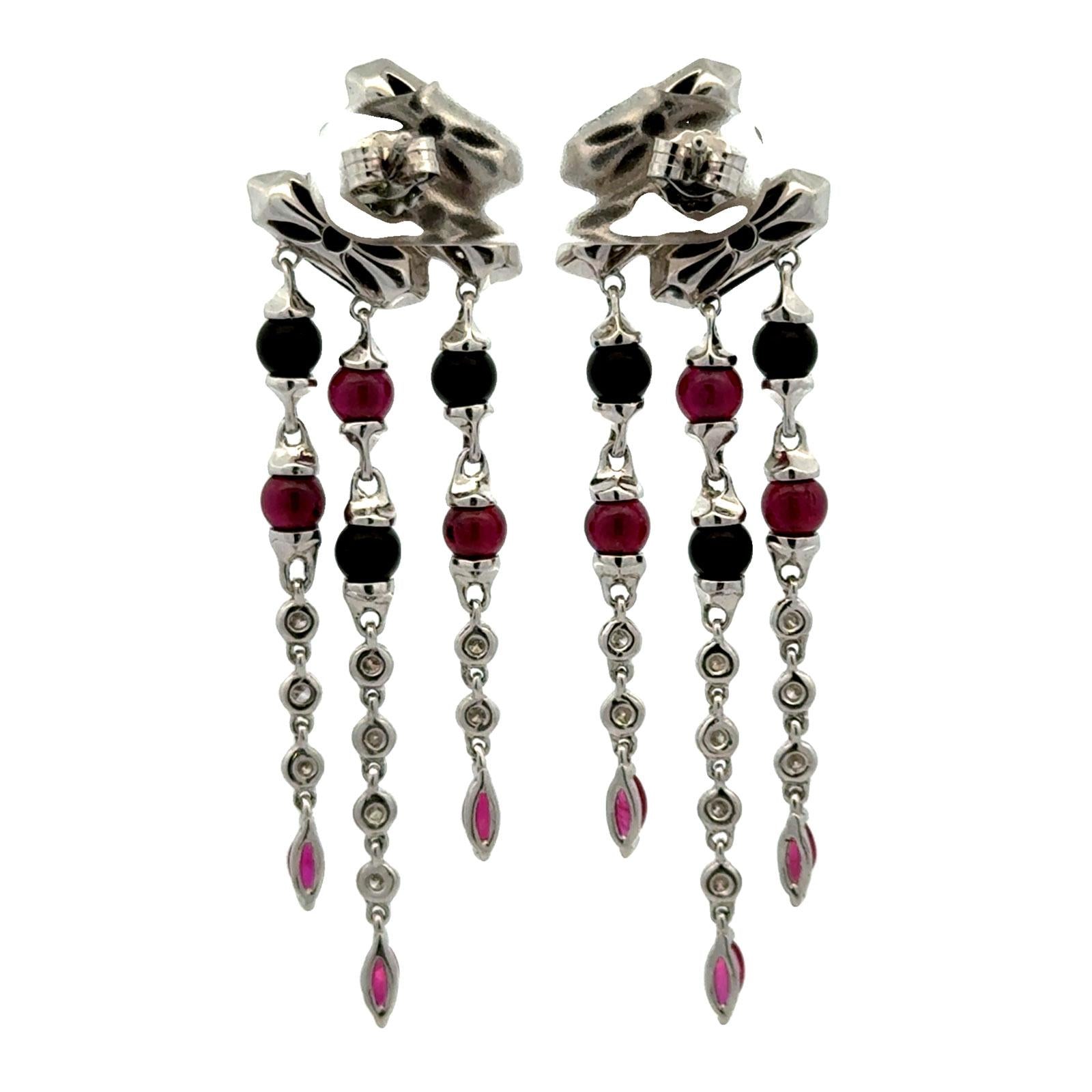 Diamond Onyx Ruby 18 Karat White Gold Deco-Inspired Dangle Drop Earrings