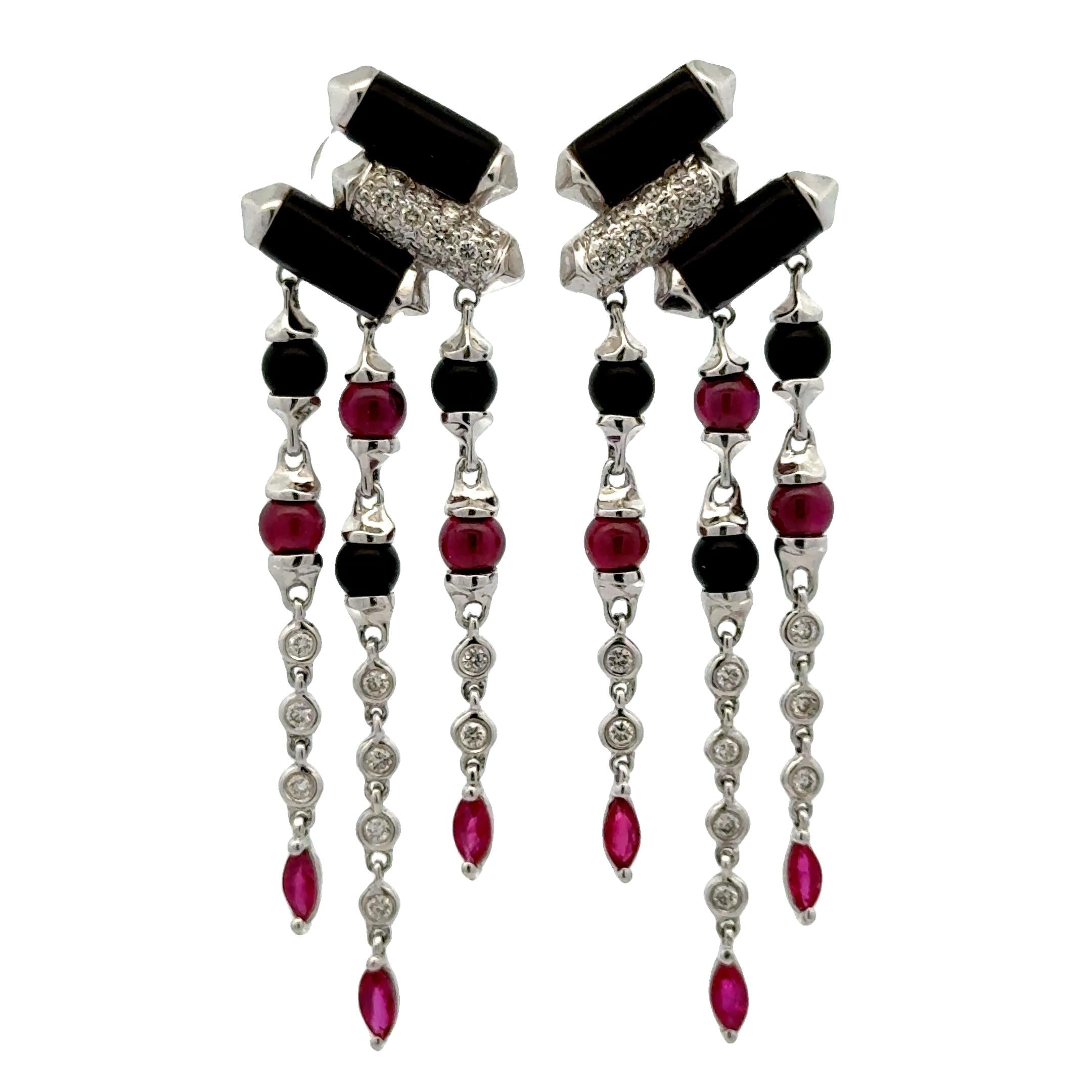 Diamond Onyx Ruby 18 Karat White Gold Deco-Inspired Dangle Drop Earrings