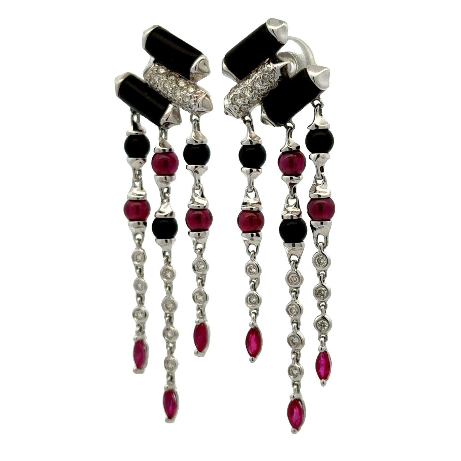 Diamond Onyx Ruby 18 Karat White Gold Deco-Inspired Dangle Drop Earrings