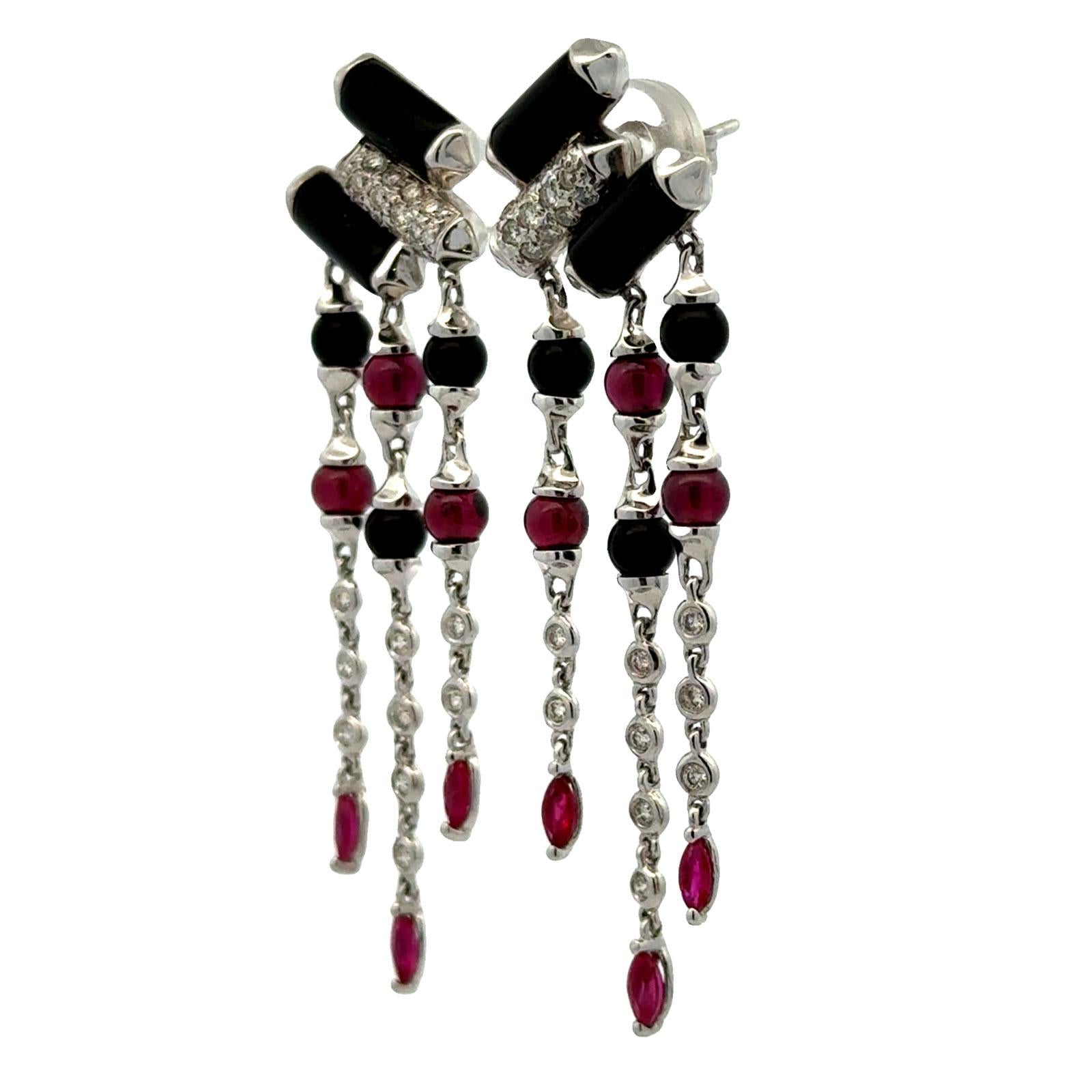 Diamond Onyx Ruby 18 Karat White Gold Deco-Inspired Dangle Drop Earrings