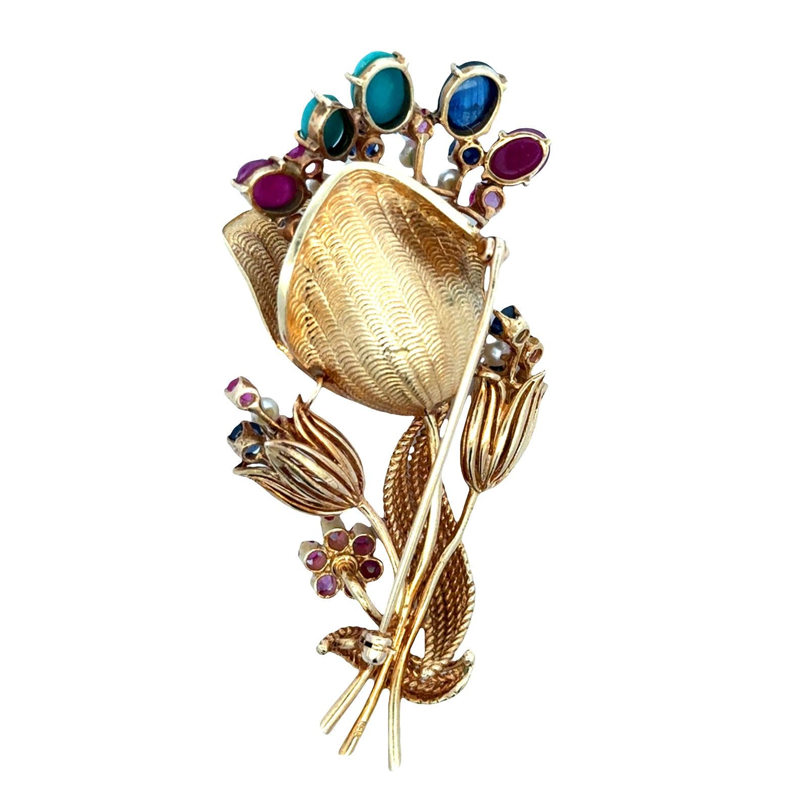 1950's Ruby Sapphire Turquoise 14 Karat Yellow Gold Floral Vintage Brooch Pin