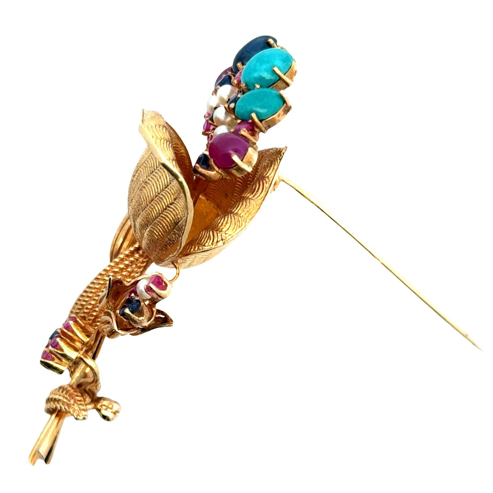 1950's Ruby Sapphire Turquoise 14 Karat Yellow Gold Floral Vintage Brooch Pin