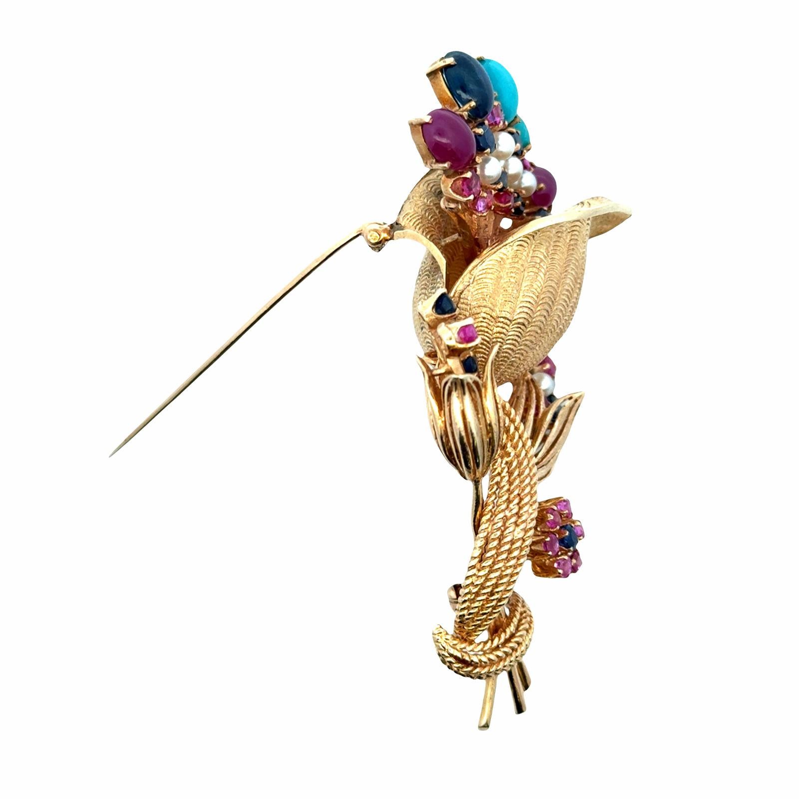 1950's Ruby Sapphire Turquoise 14 Karat Yellow Gold Floral Vintage Brooch Pin