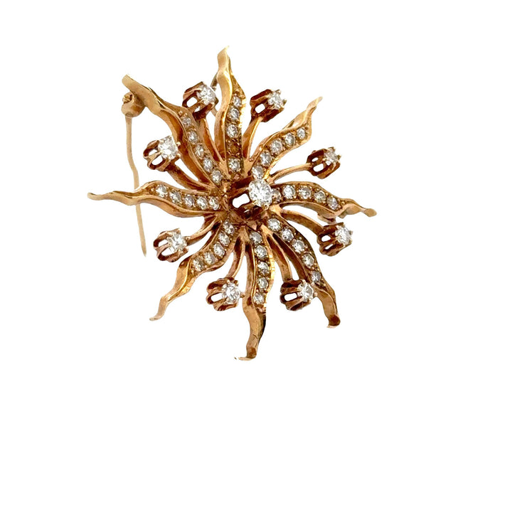 1950's Diamond 14 Karat Yellow Gold Starburst Brooch Pin