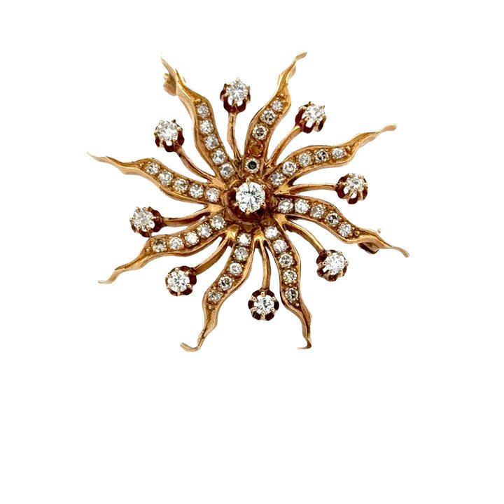 1950's Diamond 14 Karat Yellow Gold Starburst Brooch Pin