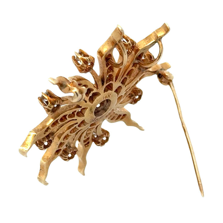 1950's Diamond 14 Karat Yellow Gold Starburst Brooch Pin
