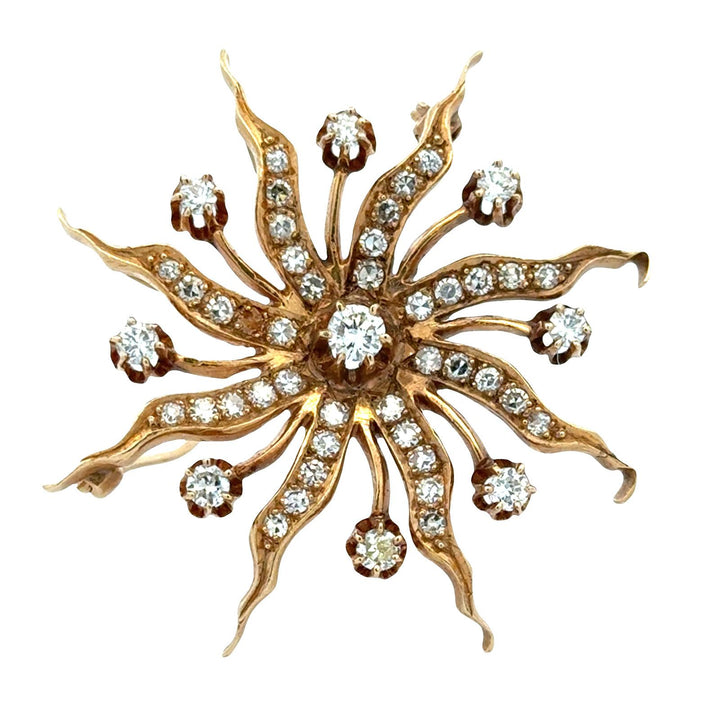 1950's Diamond 14 Karat Yellow Gold Starburst Brooch Pin