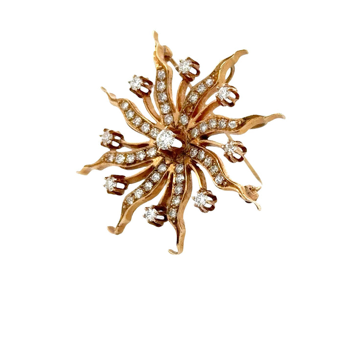 1950's Diamond 14 Karat Yellow Gold Starburst Brooch Pin