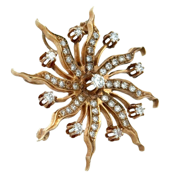 1950's Diamond 14 Karat Yellow Gold Starburst Brooch Pin