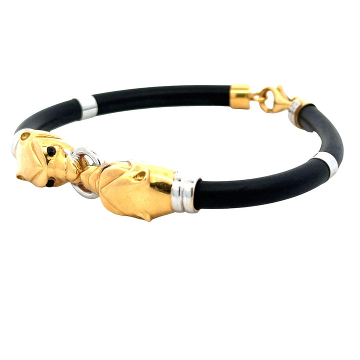 18 Karat Yellow & White Gold Double Head Panther Black Rubber Cord Bracelet