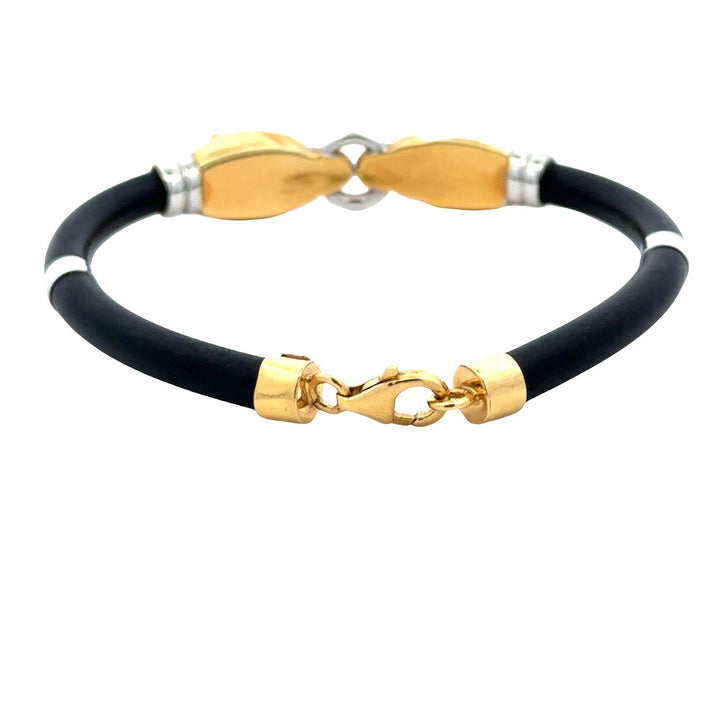 18 Karat Yellow & White Gold Double Head Panther Black Rubber Cord Bracelet