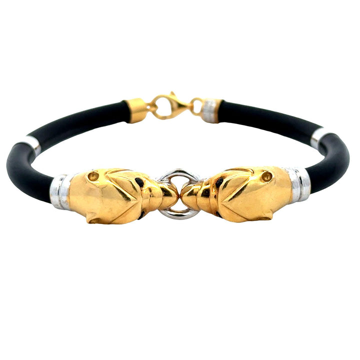 18 Karat Yellow & White Gold Double Head Panther Black Rubber Cord Bracelet