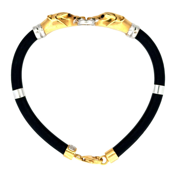 18 Karat Yellow & White Gold Double Head Panther Black Rubber Cord Bracelet