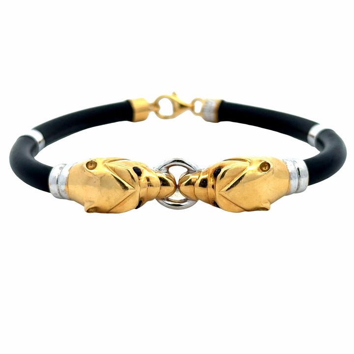 18 Karat Yellow & White Gold Double Head Panther Black Rubber Cord Bracelet