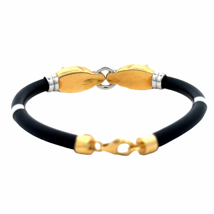 18 Karat Yellow & White Gold Double Head Panther Black Rubber Cord Bracelet