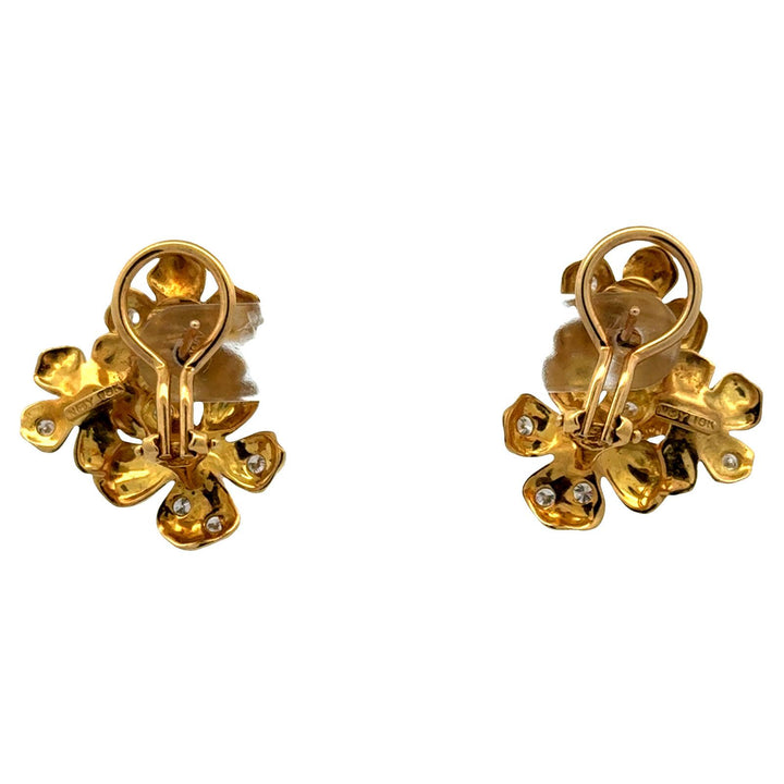 Mikimoto Diamond Pearl 18 Karat Yellow Gold Floral Leverback Earrings