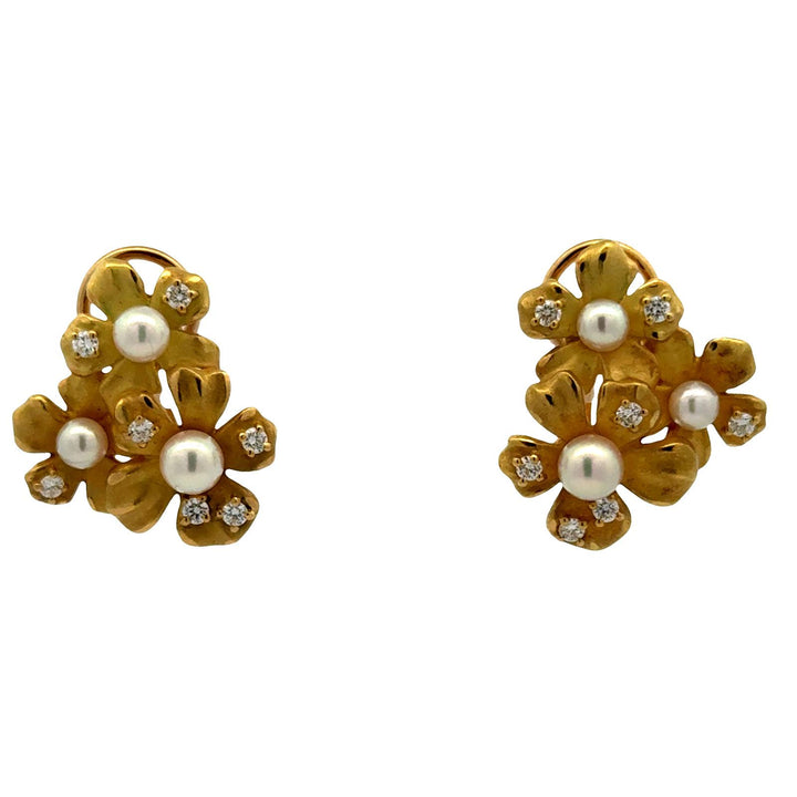 Mikimoto Diamond Pearl 18 Karat Yellow Gold Floral Leverback Earrings