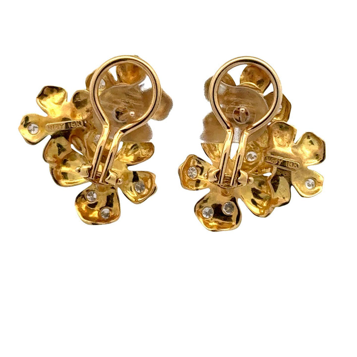 Mikimoto Diamond Pearl 18 Karat Yellow Gold Floral Leverback Earrings