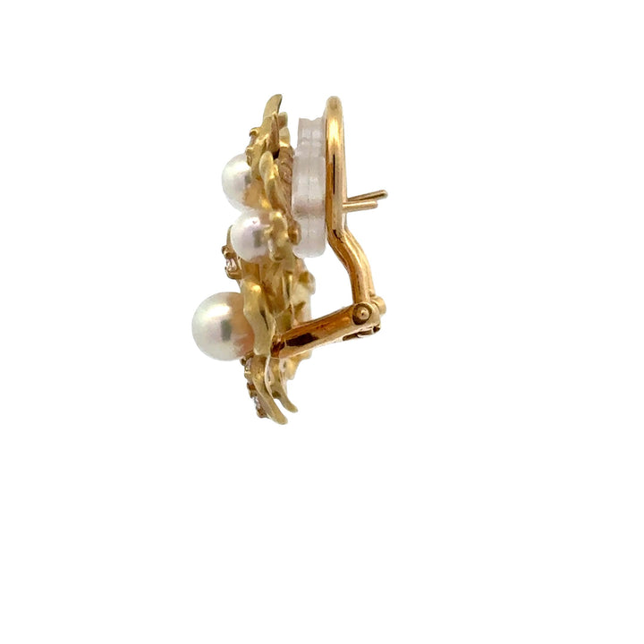 Mikimoto Diamond Pearl 18 Karat Yellow Gold Floral Leverback Earrings