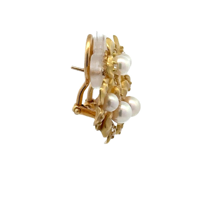 Mikimoto Diamond Pearl 18 Karat Yellow Gold Floral Leverback Earrings