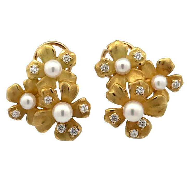 Mikimoto Diamond Pearl 18 Karat Yellow Gold Floral Leverback Earrings