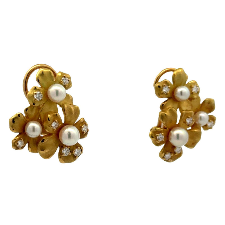 Mikimoto Diamond Pearl 18 Karat Yellow Gold Floral Leverback Earrings