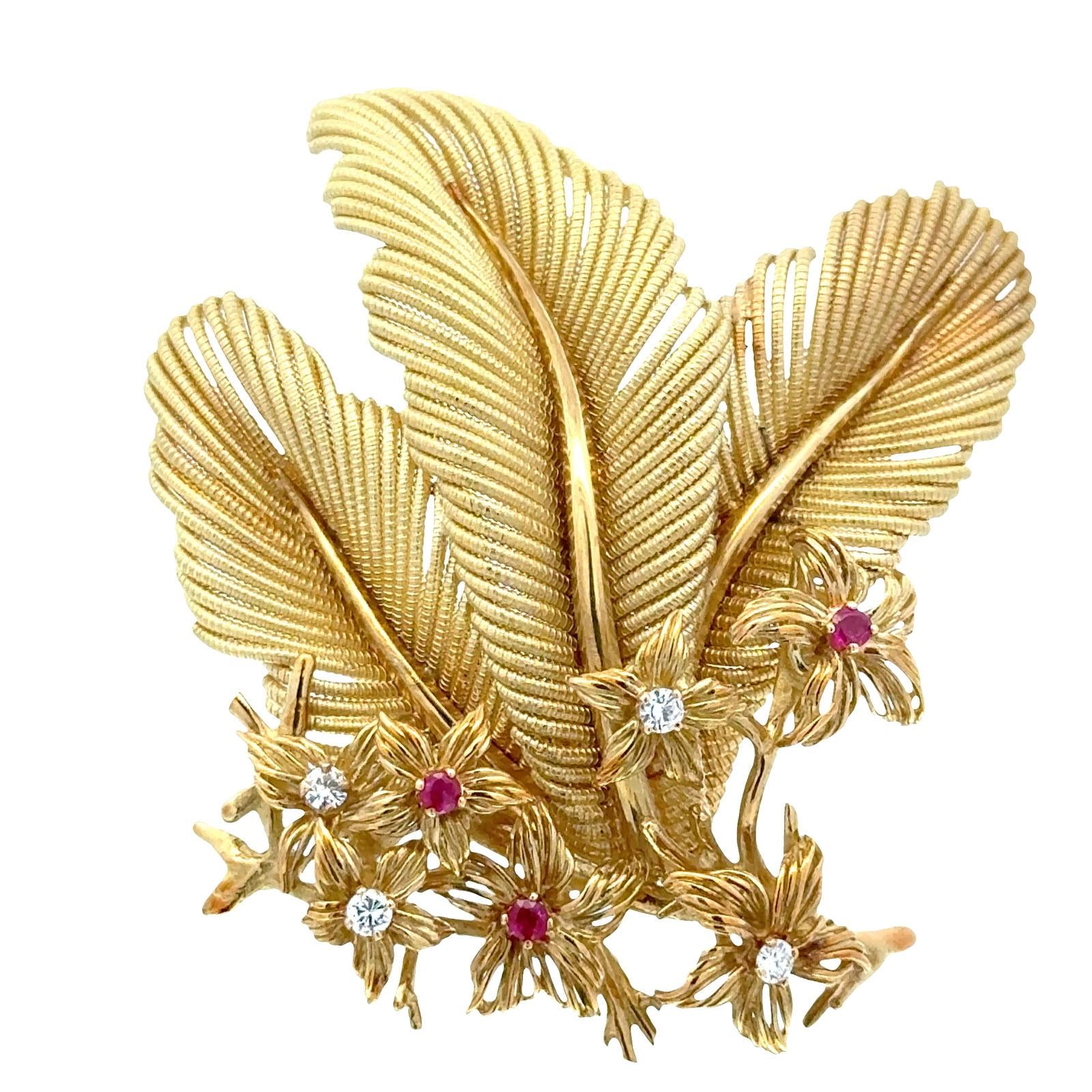 1970's Tiffany & Company Diamond Ruby Flower 18K Yellow Gold Vintage Brooch Pin