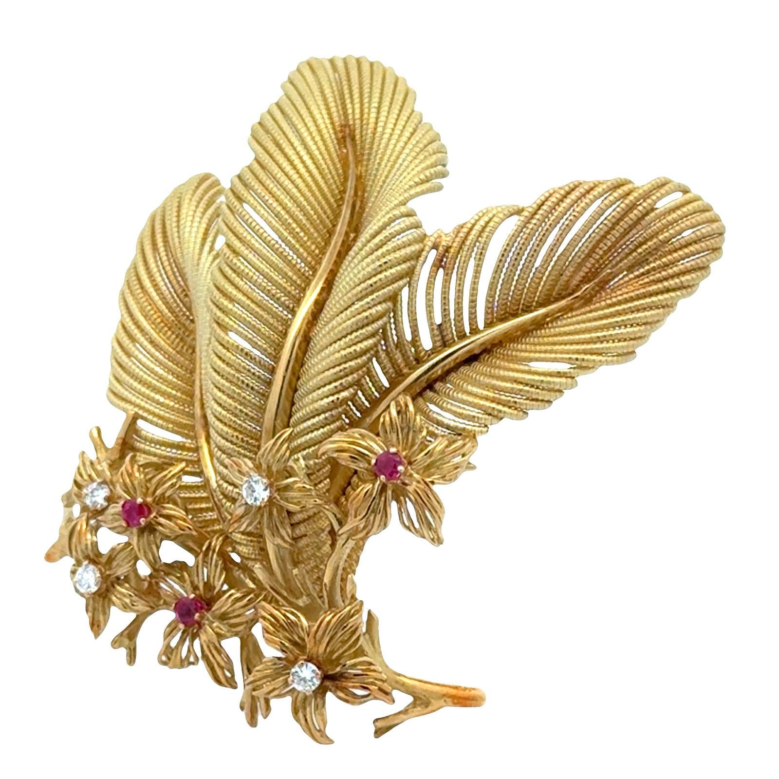 1970's Tiffany & Company Diamond Ruby Flower 18K Yellow Gold Vintage Brooch Pin